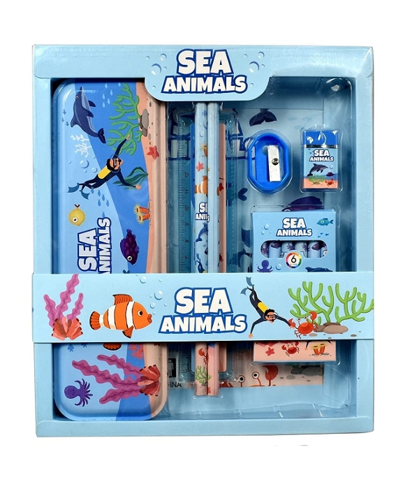 Homeoculture HomeoCulture New Pinch Sea Animal World Stationary Kit for Girls Pencil Pen Book Eraser Sharpener - Stationary Kit Set for Girls/Boys Birthday Gift (Multicolor) - 0.5