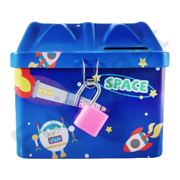 Homeoculture Piggy Bank for Kids � Space Themed Money Saving Tin Coin Box with Lock and Key � Birthday Return for Boys & Girls, Money Bank, Coin Box for Kids (Blue) - 0.5