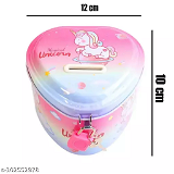 Homeoculture Unicorn printed Heart Shape Money Bank for Kids Designer Piggy Bank with Lock & Key|gullak|best Return Gift|suitable for Both Boys and Girls Coin Bank(pack of 1, Pink) - 0.5