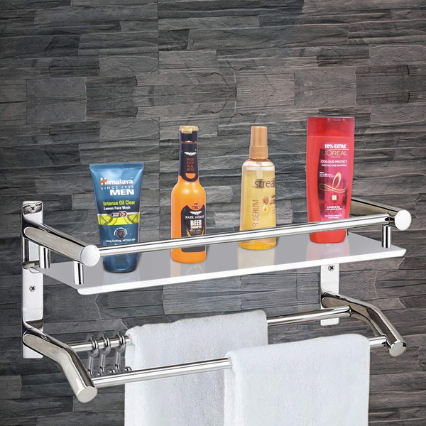 BA34 Stainless Steel singal Layer Shelf with Towel Road,Multipurpose Bath Shelf Organizer,Kitchen Shelf/Towel self/Bathroom Shelf /bathroom stands and racks/Bathroom Accessories-Chrome Finish(Made in India