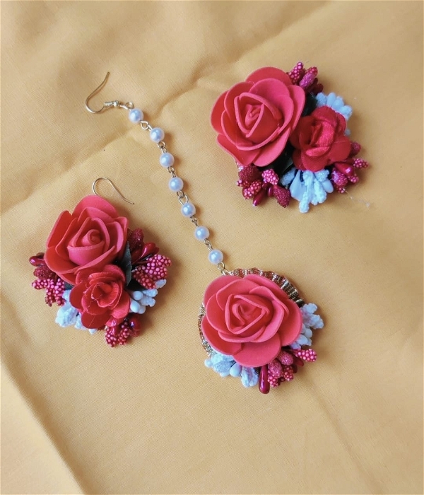 Elegant Flower Jewellery | Fashionable Mangtika with earrings | Flower Jewels | Bridal Jewellery | Flower Earrings and Mangtika Set | Haldi Jewelry | Wedding Religious Jewelry | Women Jewellery