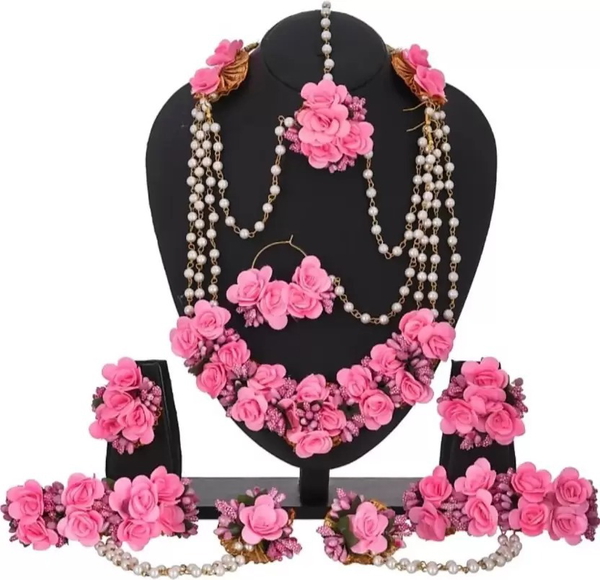 Elegant Flower Jewellery | Fashionable Mangtika With Earrings | Flower Jewels | Bridal Jewellery | Flower Earrings And Mangtika Set | Women Floral Jewellery For Haldi And Religious Festivals | Flower Jewelery For Haldi Marriage Ceremony