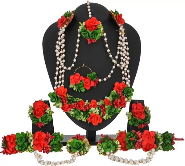 Elegant Flower Jewellery | Fashionable Mangtika With Earrings | Flower Jewels | Bridal Jewellery | Flower Earrings And Mangtika Set | Women Floral Jewellery For Haldi And Religious Festivals | Flower Jewelery For Haldi Marriage Ceremony