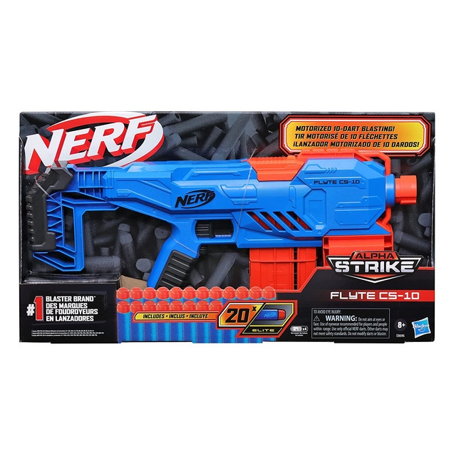 Nerf Alpha Strike Flyte CS-10 Motorised Blaster � 10-Dart Clip-Fed Blasting � 20 Official Nerf Elite Darts � for Kids, Teens, Adults, Multicolor (E8696) hasbro