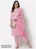 Stylish Cotton 3/4 Sleeve Round Neck Casual Pink Kurta With Pant And Dupatta Set - S