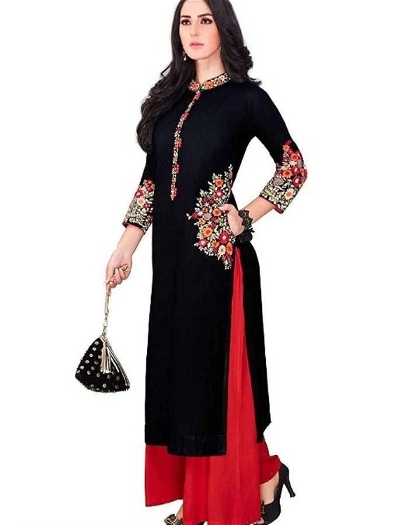 Black kurti with heavy Embroidery and contrast red palazzo - M