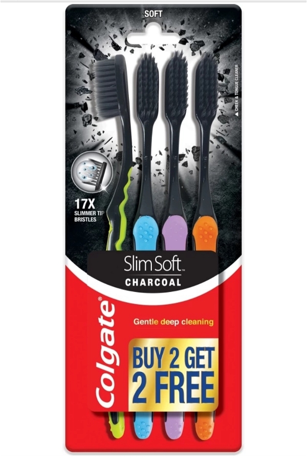 COLGATE TOOTHBRUSHES SLIM SOFT CHARCOAL ( BUY 2 GET 2 FREE)